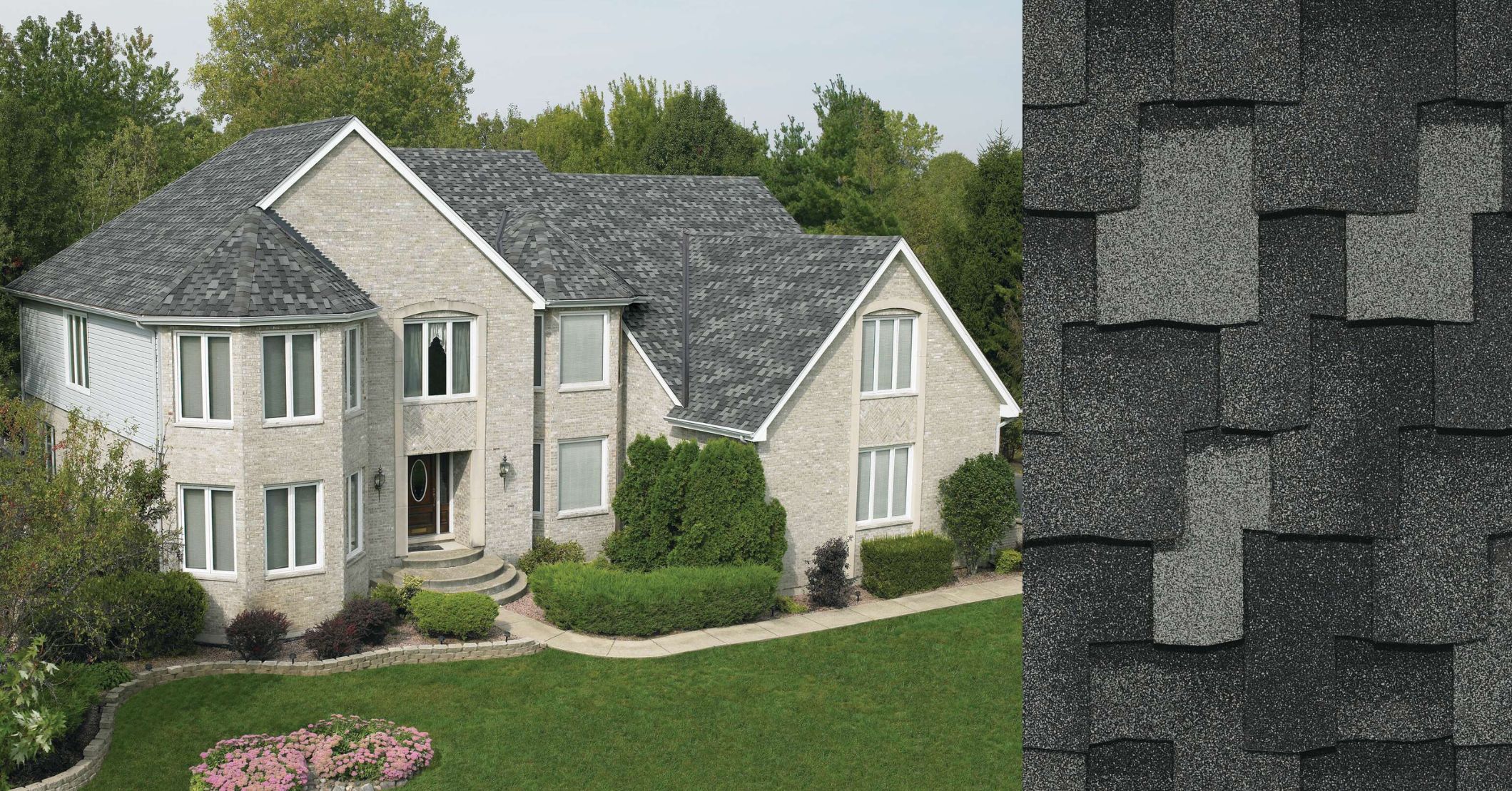 A brick house with a multi-toned gray shingle roof, shown with a close-up swatch of the shingle pattern.
