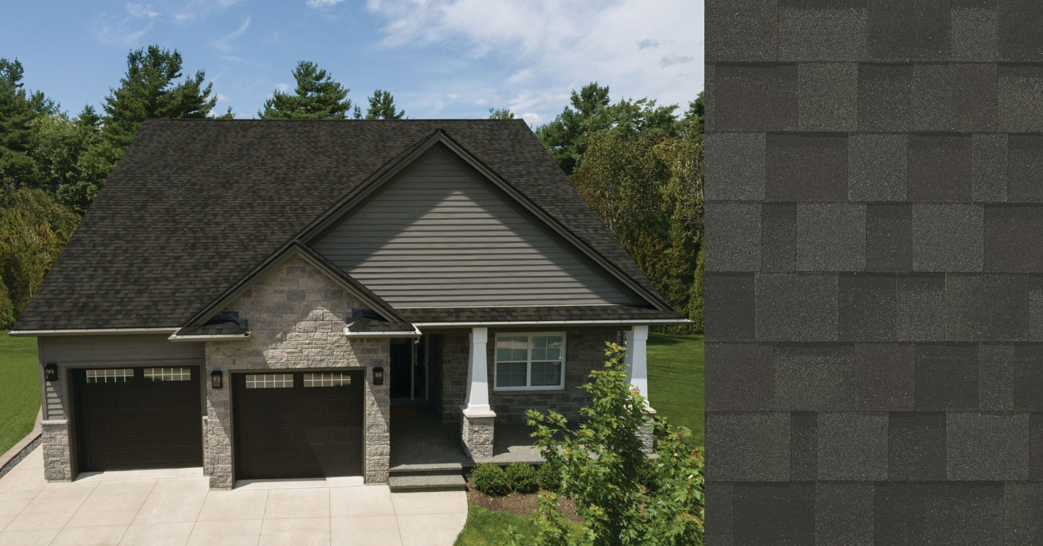 A stone home with a dark gray performance shingle roof, and a two-car garage. An inset swatch on the right shows a close-up of the multi-toned shingle color and texture.