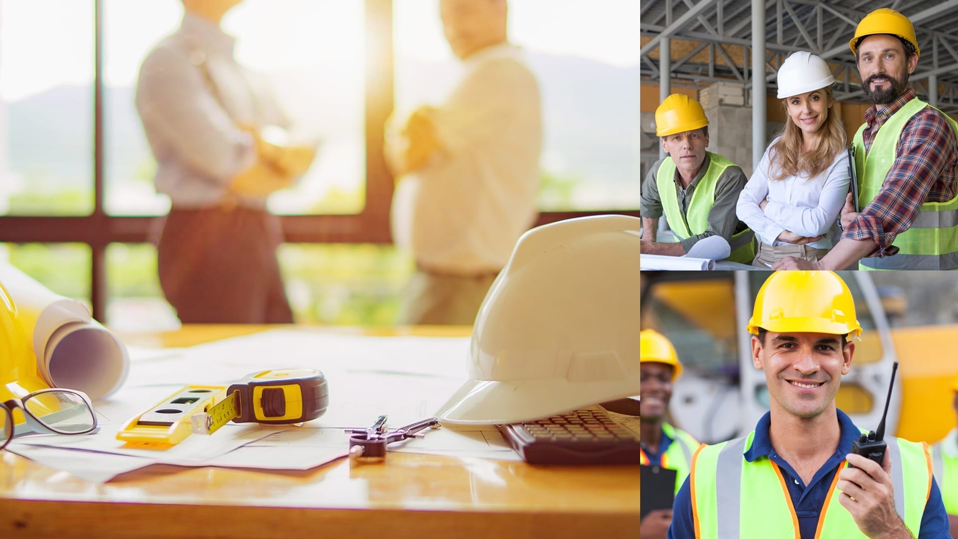 construction items on a work table in front of two people