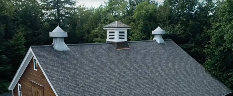 An aerial view of a dark-shingled, barn-style roof featuring a central cupola and two pointed side vents, set against a backdrop of a dense green forest.
