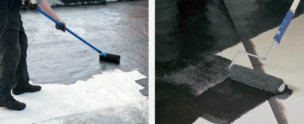 Roofers using a rooler to apply Waterproofing Primers Mastics Sealants