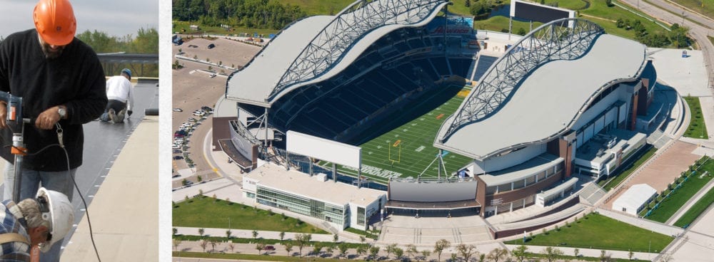 Roofers installing a mechanically attached roofing system + finished stadium roof