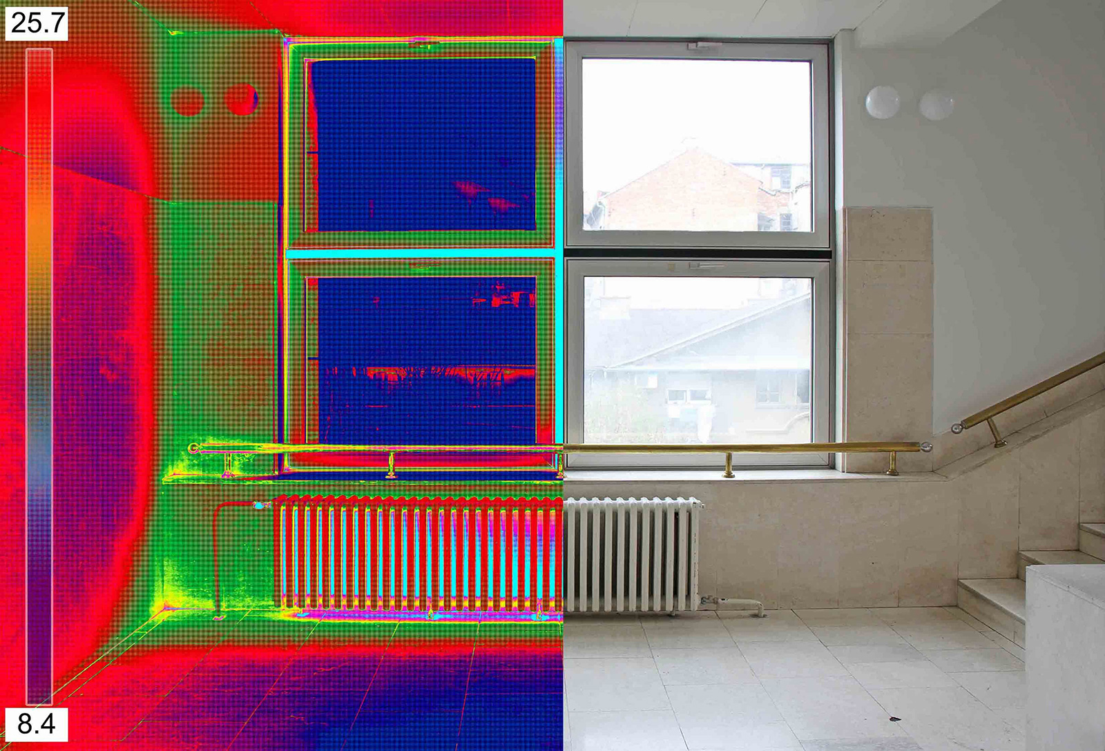 thermal vs real image of wall radiator heater and window in building