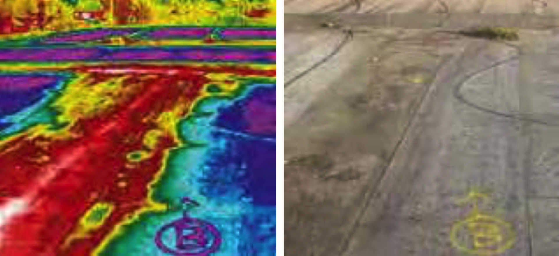 side by side phtotos of a roof Thermal Image next to regular photo