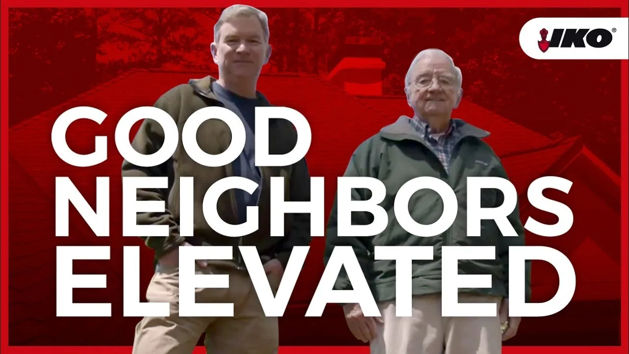 Dos personas están de pie frente a una casa con el techo visible, mostrando el trabajo de calidad de Sparrow Exteriors. El texto «GOOD NEIGHBORS ELEVATED» y el logotipo de IKO aparecen sobre un fondo rojo, destacando su alianza de confianza.