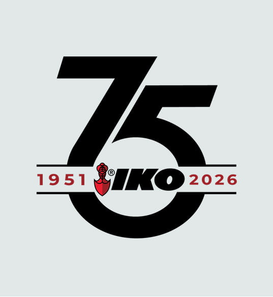IKO 75th anniversary logo showing bold black 75, red shield IKO mark and years 1951–2026 commemorating company history