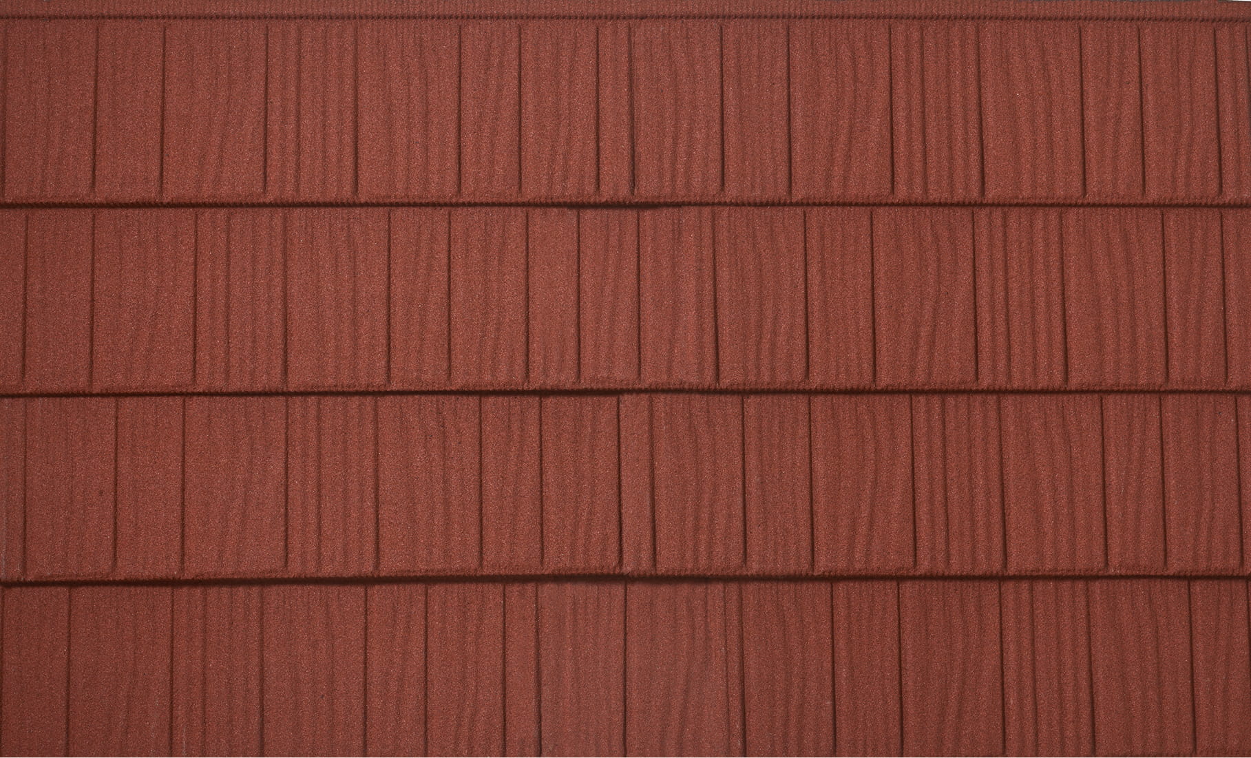 DECRA Farmhouse Shake Heritage Clay stone-coated steel panel featuring wood-grain texture and a warm clay color