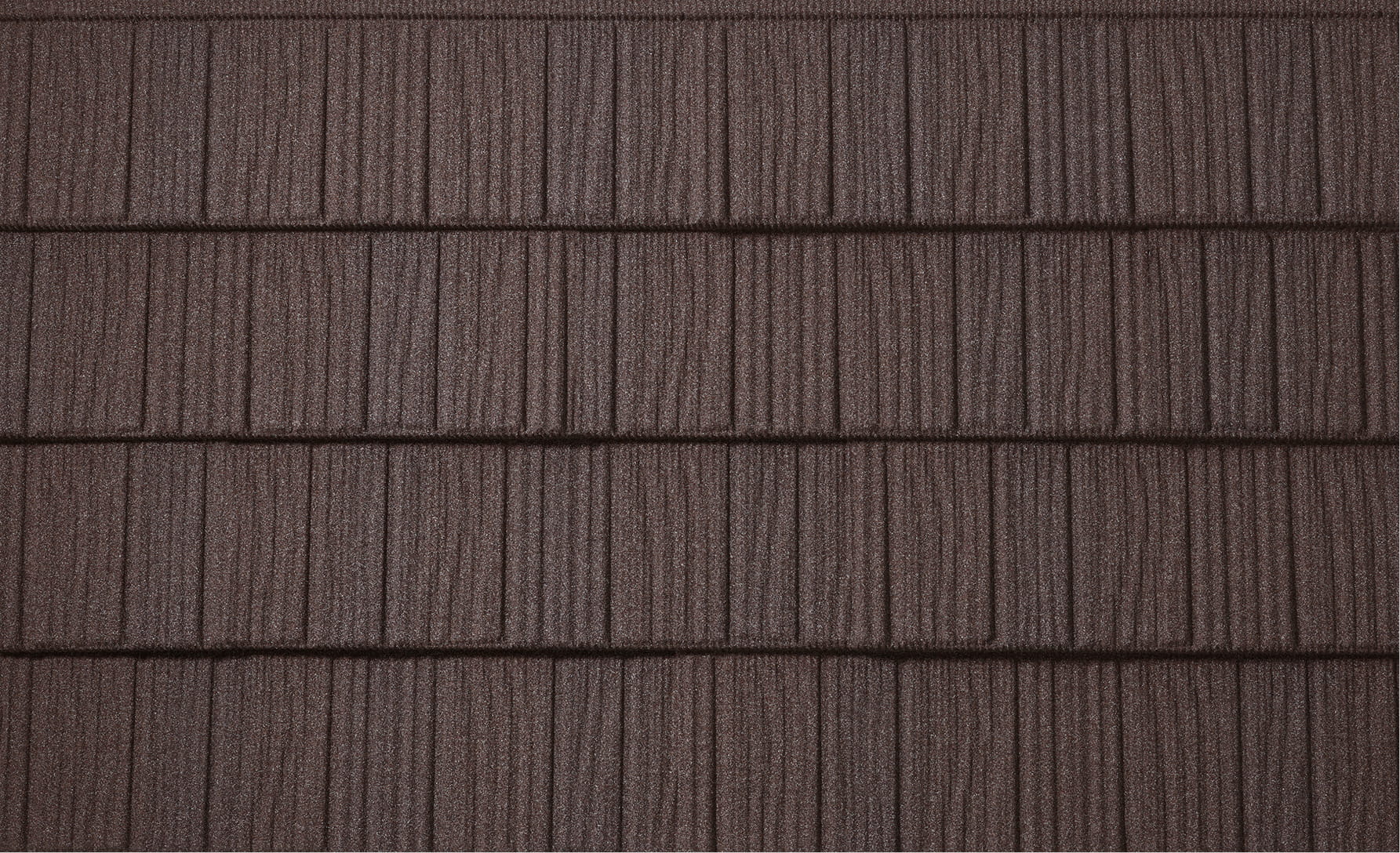 DECRA Farmhouse Shake Heritage Stone stone-coated steel roof panel swatch showing textured brown cedar-grain shake profile