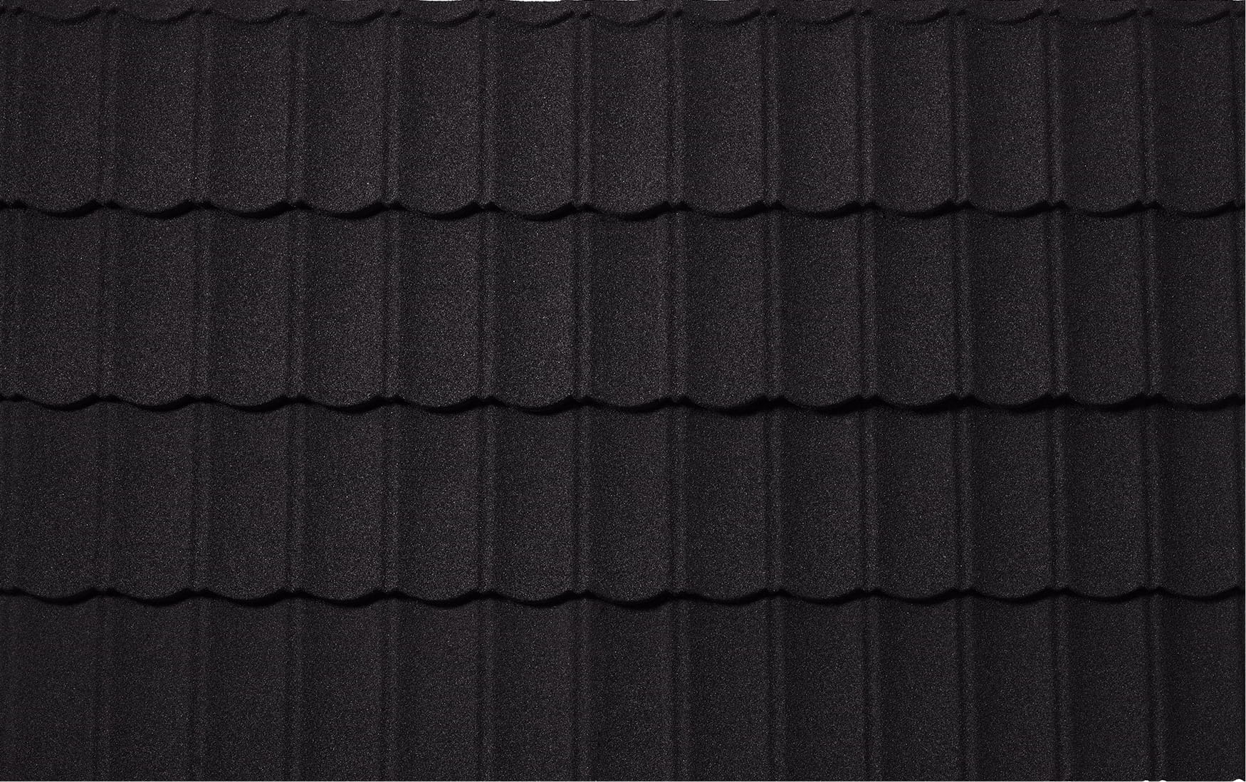 DECRA Mediterranean scalloped tile Carbon swatch, stone-coated steel, dark charcoal granules and classic scalloped profile
