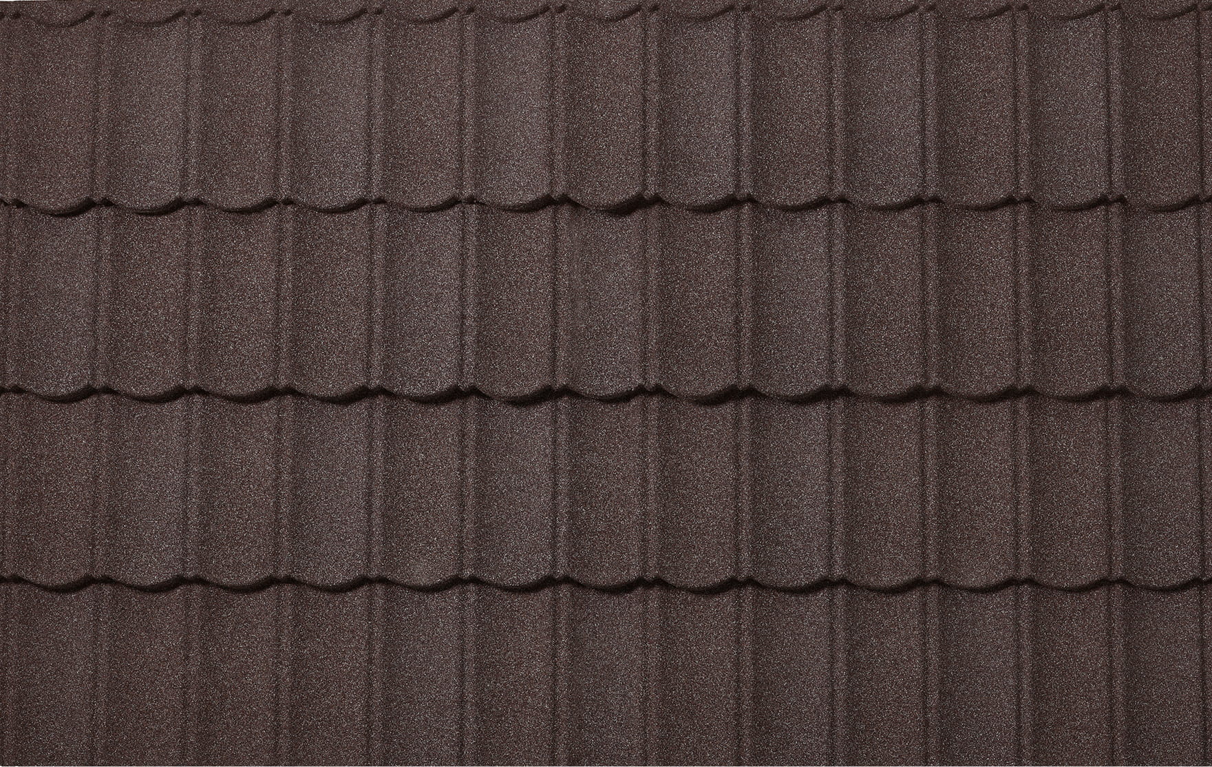 DECRA Mediterranean Scalloped Tile Ironwood swatch with stone-coated steel texture and warm brown finish