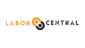 Logotipo con el texto «LABOR CENTRAL» en naranja y gris; dos círculos entrelazados forman la «O» de «LABOR» y de «CENTRAL».