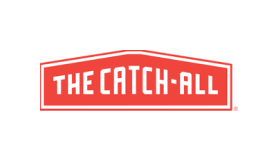 Letrero rectangular rojo con las palabras «THE CATCH•ALL» en letras negras.