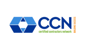 Logotipo con una figura hexagonal azul a la izquierda y el texto «CCN» seguido de «certified contractors network» a la derecha.