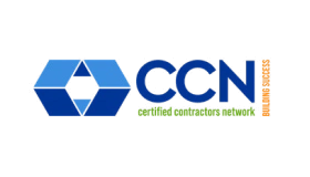 Logo with a blue geometric hexagonal shape on the left and the text
