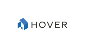 Logo with a blue geometric shape resembling a house next to the word