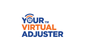 Logotipo con el texto «YOUR VIRTUAL ADJUSTER» en azul y naranja, con un auricular estilizado sobre la letra «Y».