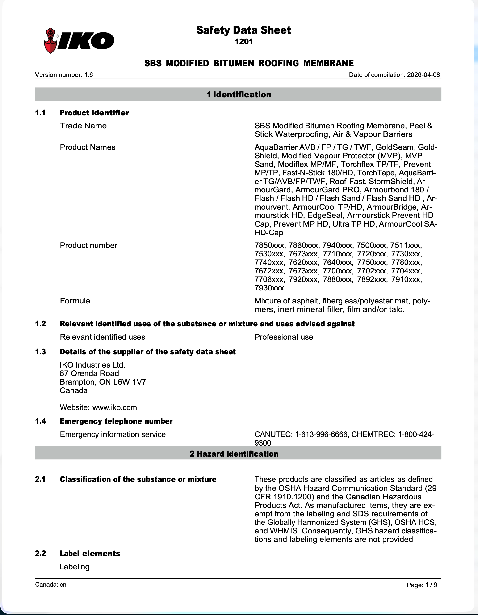 1201  IKO SBS Modified Bitumen Roofing Membrane  | Safety Data Sheet – Brampton