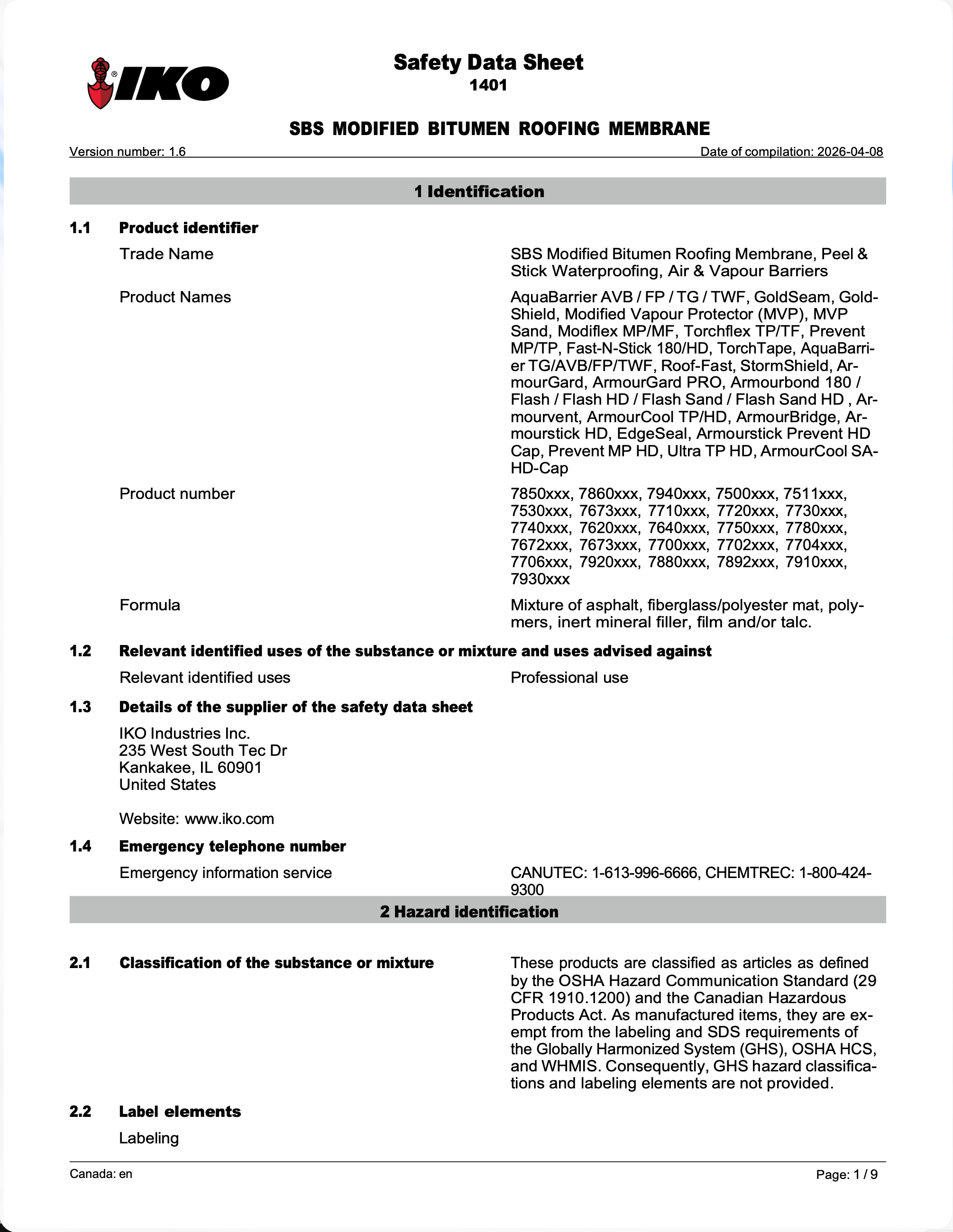 1401  IKO SBS Modified Bitumen Roofing Membrane  | Safety Data Sheet – Kankakee