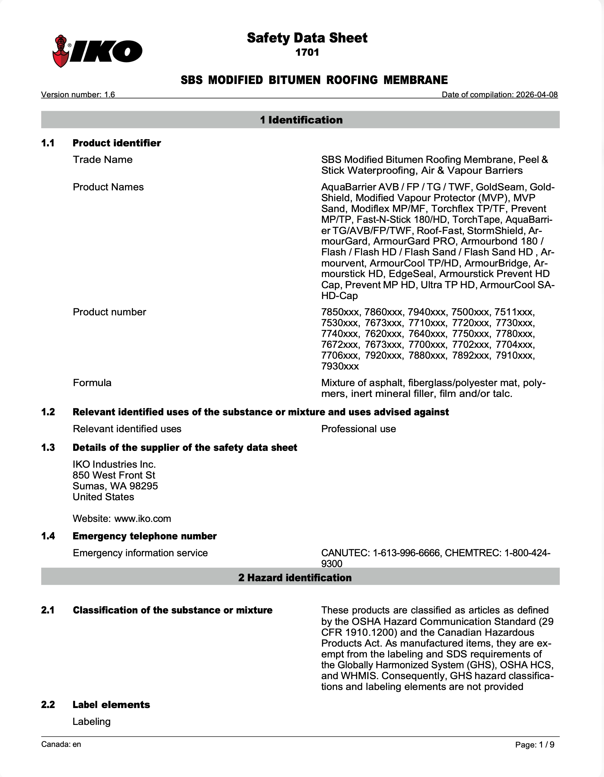 1701 IKO SBS Modified Bitumen Roofing Membrane | Safety Data Sheet - Sumas