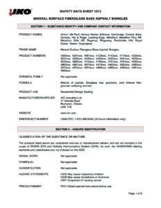 1213 IKO Mineral Surface Fiberglass Base Asphalt Shingles | Safety Data Sheet - Brampton