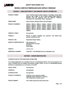 1413 IKO Mineral Surface Fiberglass Base Asphalt Shingles | Safety Data Sheet - Kankakee
