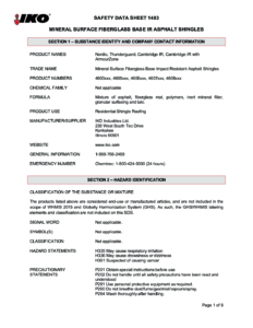 1483 IKO Mineral Surface Fiberglass Base Asphalt IR Shingles | Safety Data Sheet - Kankakee