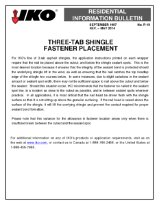 TBR19 Three-Tab Shingle Fastener placement | Product Bulletin