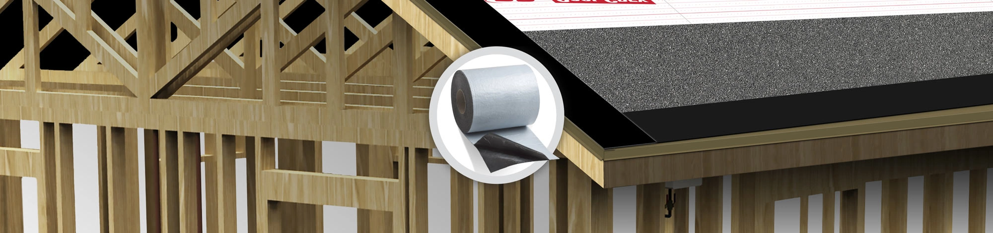 Illustration of roof construction showing a cross-section with a focus on roofing material layers, including wood framework and asphalt shingles.