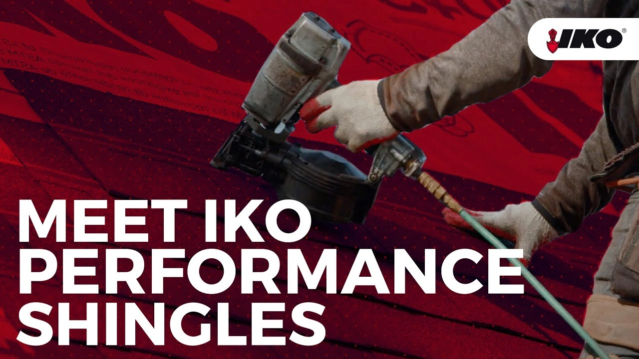 A person expertly uses a nail gun to install shingles on a roof. Text reads, "Meet IKO Performance Shingles for superior durability and style.