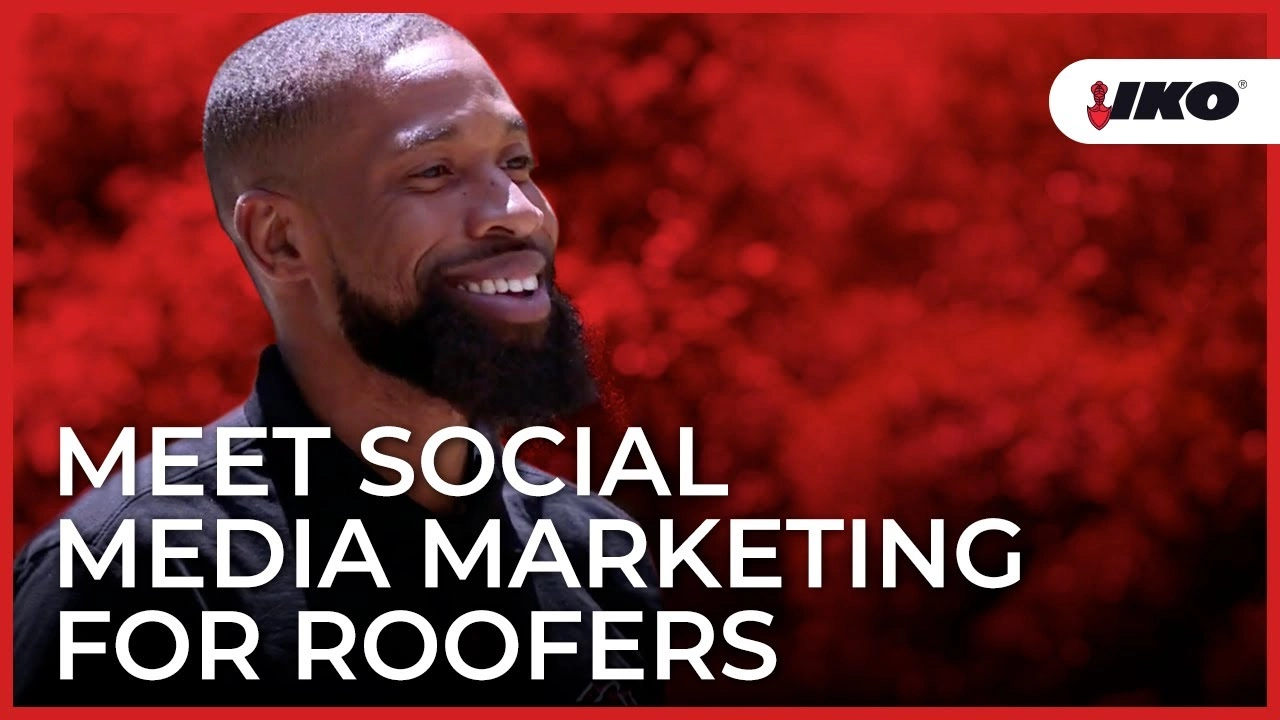 A man is smiling against a red backdrop with the text "Meet Social Media Marketing for Roofers" alongside the IKO logo and a nod to "Roofs By Don.