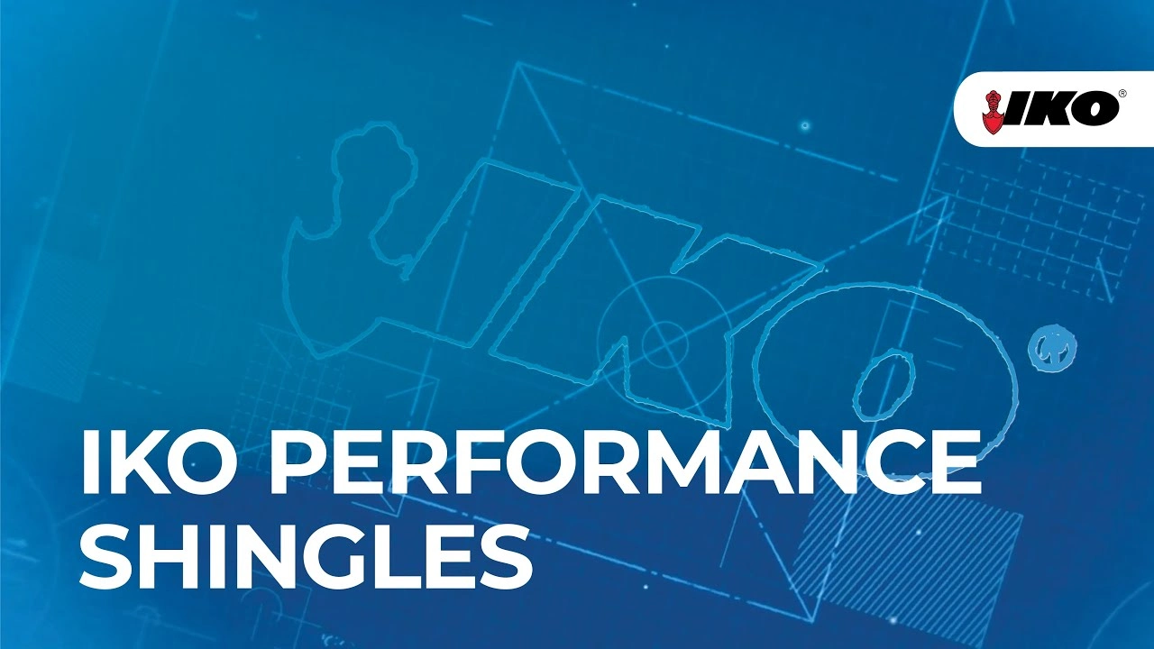 Showcasing an IKO Blueprint-style background, the design features "IKO Performance Shingles" prominently, with the IKO logo gracefully positioned in the corner, reflecting excellence in roofing installation solutions.