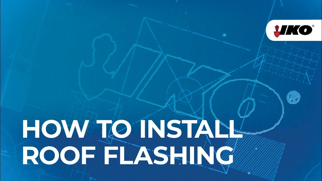 A roofing blueprint backdrop with "IKO" and "How to Install Roof Flashing" elegantly displayed in crisp white text.