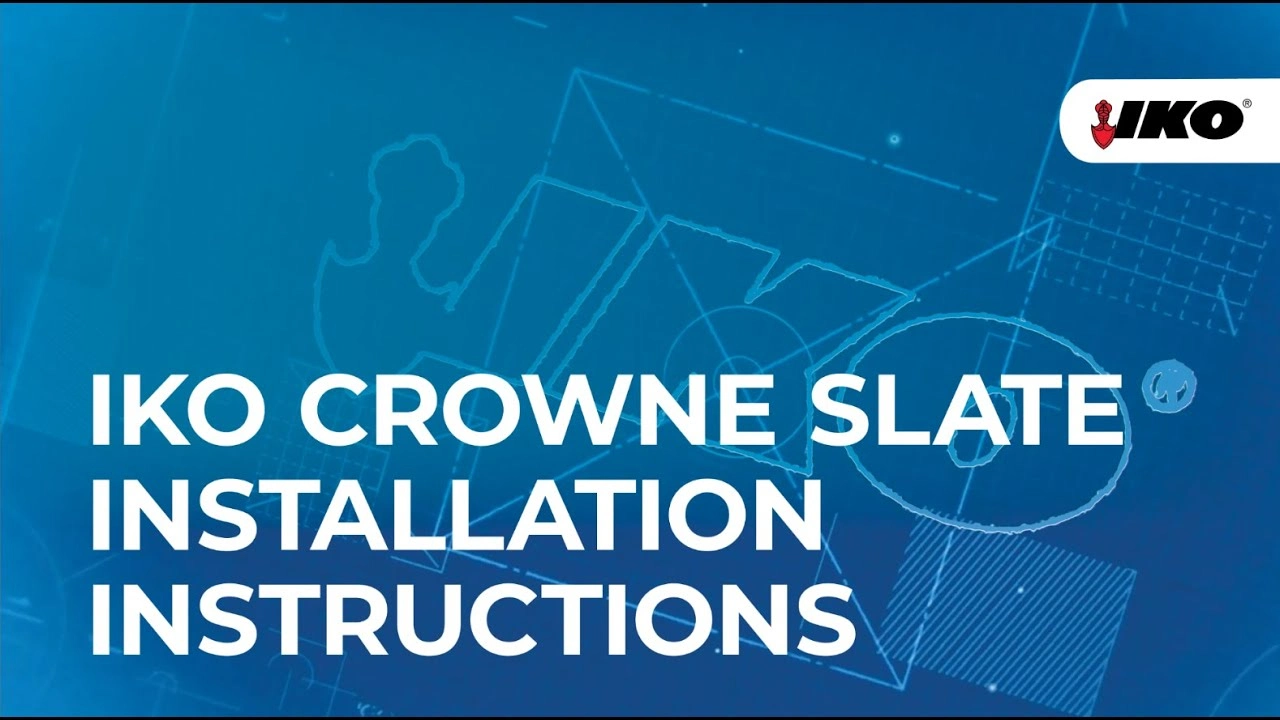 A blueprint-style background features "IKO Crowne Slate Shingle Installation Instructions" boldly in the center, with the IKO logo neatly positioned in the top right corner.