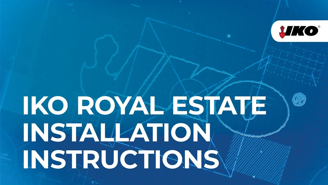 Blueprint design background featuring the text "IKO Royal Estate Roofing Installation Instructions" with the IKO logo in the corner.