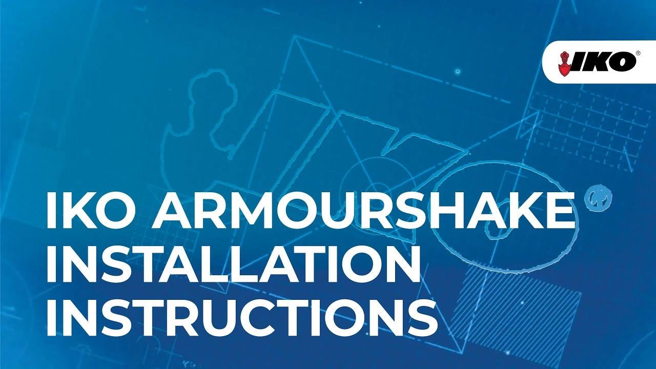 A blueprint-style background featuring the text "IKO Armourshake Roofing Installation Instructions" with an IKO logo elegantly positioned in the top right corner.