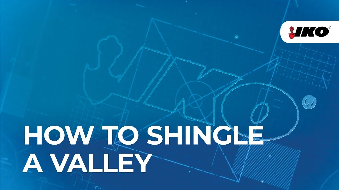 Blueprint background with geometric shapes and the IKO logo. Text reads, "How to Shingle a Valley: A Roofing Blueprint.
