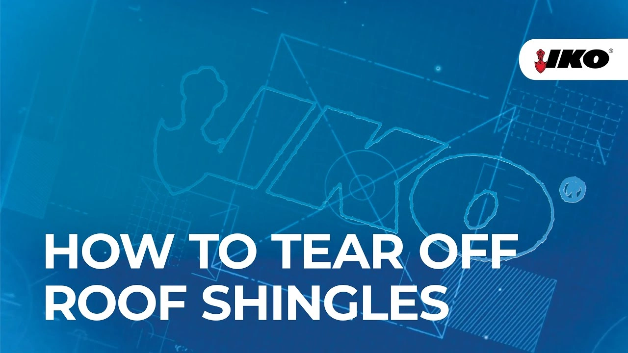 Blueprint-style background with text reading "HOW TO TEAR OFF ROOF SHINGLES," and the IKO logo in the top right corner, providing a practical guide for both roofing novices and experts on shingle installation.