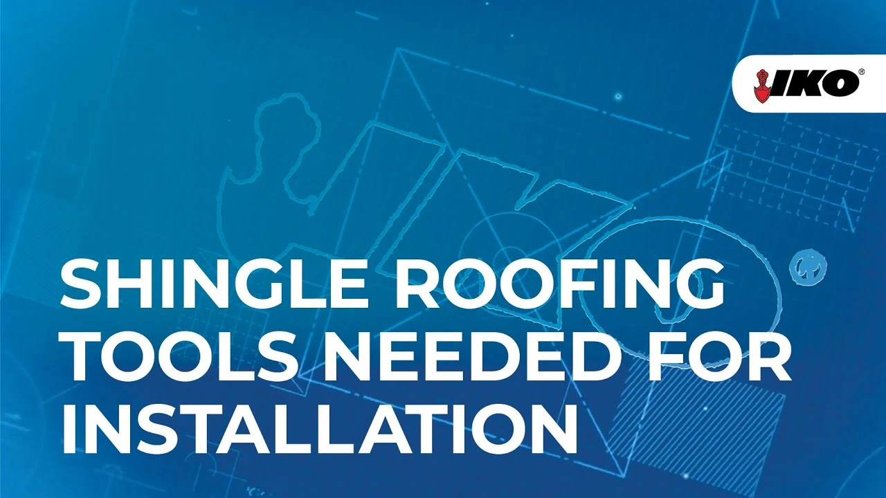 Text reading "SHINGLE ROOFING TOOLS NEEDED FOR INSTALLATION" over a blue background, featuring technical diagrams resembling a blueprint for roofing and the IKO logo.