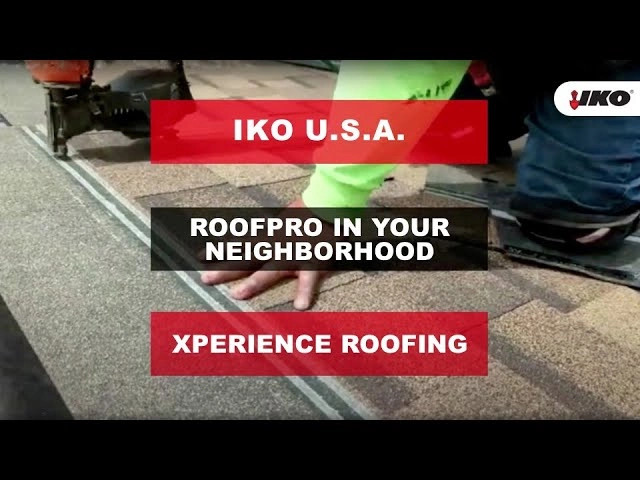 Close-up of hands installing shingles on a roof. Text overlay reads, "IKO ROOFPRO in your neighborhood. Experience quality with Xperience Roofing.