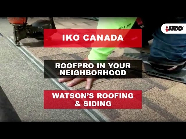 A person installing shingles on a roof showcases the expertise of Watson’s Roofing & Siding. Text overlay: "IKO ROOFPRO in Your Neighbourhood," ensuring quality you can trust.