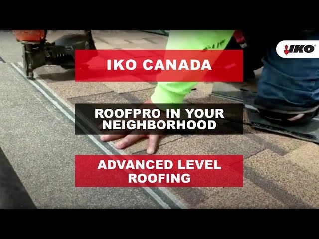 A person installs roofing shingles, wearing gloves and using tools. Text overlays read: "IKO Canada," "Roofpro in your neighborhood," and the promise of "Advanced Level Roofing." Experience the expertise of a certified IKO ROOFPRO right in your neighbourhood for unparalleled roof quality.