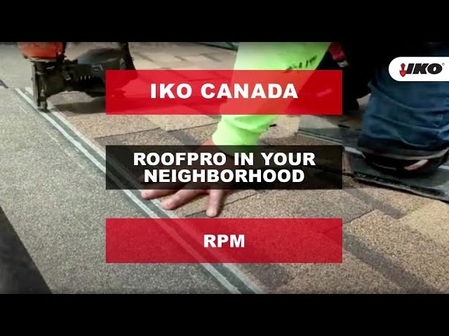 A person skillfully lays roofing shingles with a tool, showcasing the expertise of IKO ROOFPRO. Text overlays read: "IKO Canada" and "Roofpro in Your Neighbourhood RPM.