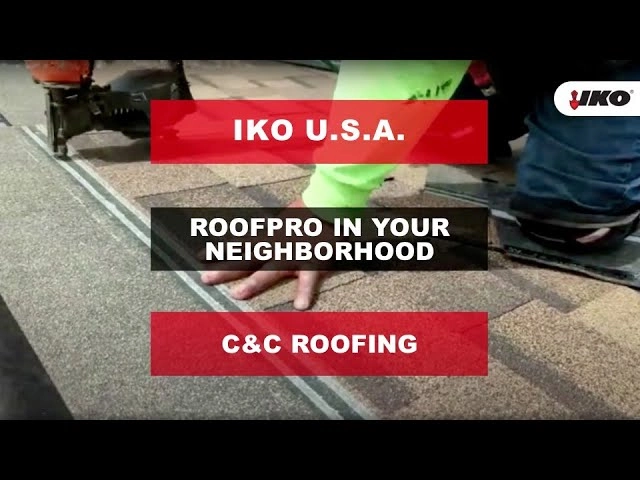 A person in a green shirt kneels on a roof, expertly laying shingles. The text reads "IKO U.S.A.," "ROOFPRO IN YOUR NEIGHBORHOOD," and "C&C Roofing, your trusted IKO RoofPro expert.