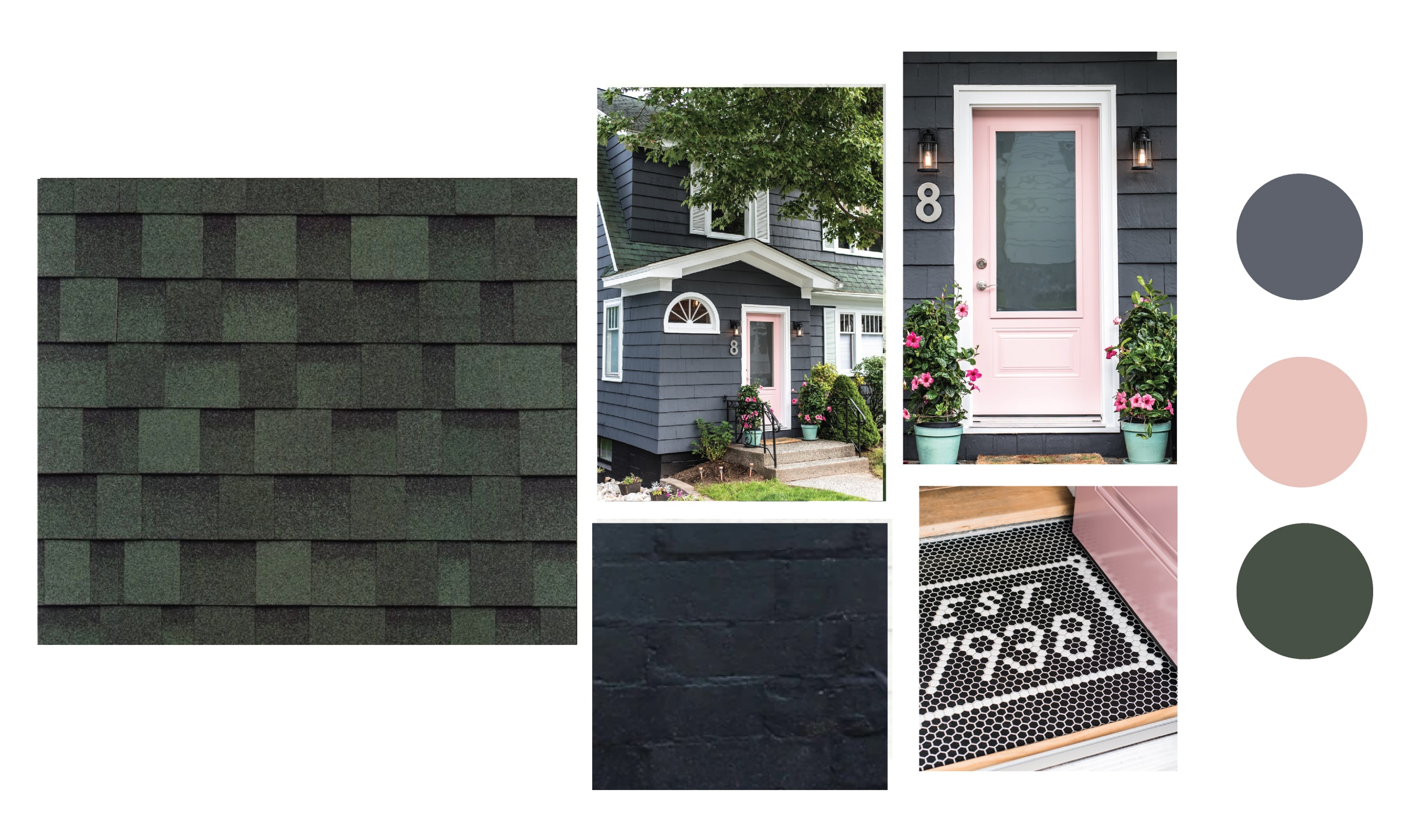 Tablero de estilo con tejas verde oscuro, una casa gris con puerta rosa, revestimiento oscuro y una paleta de verde y rosa