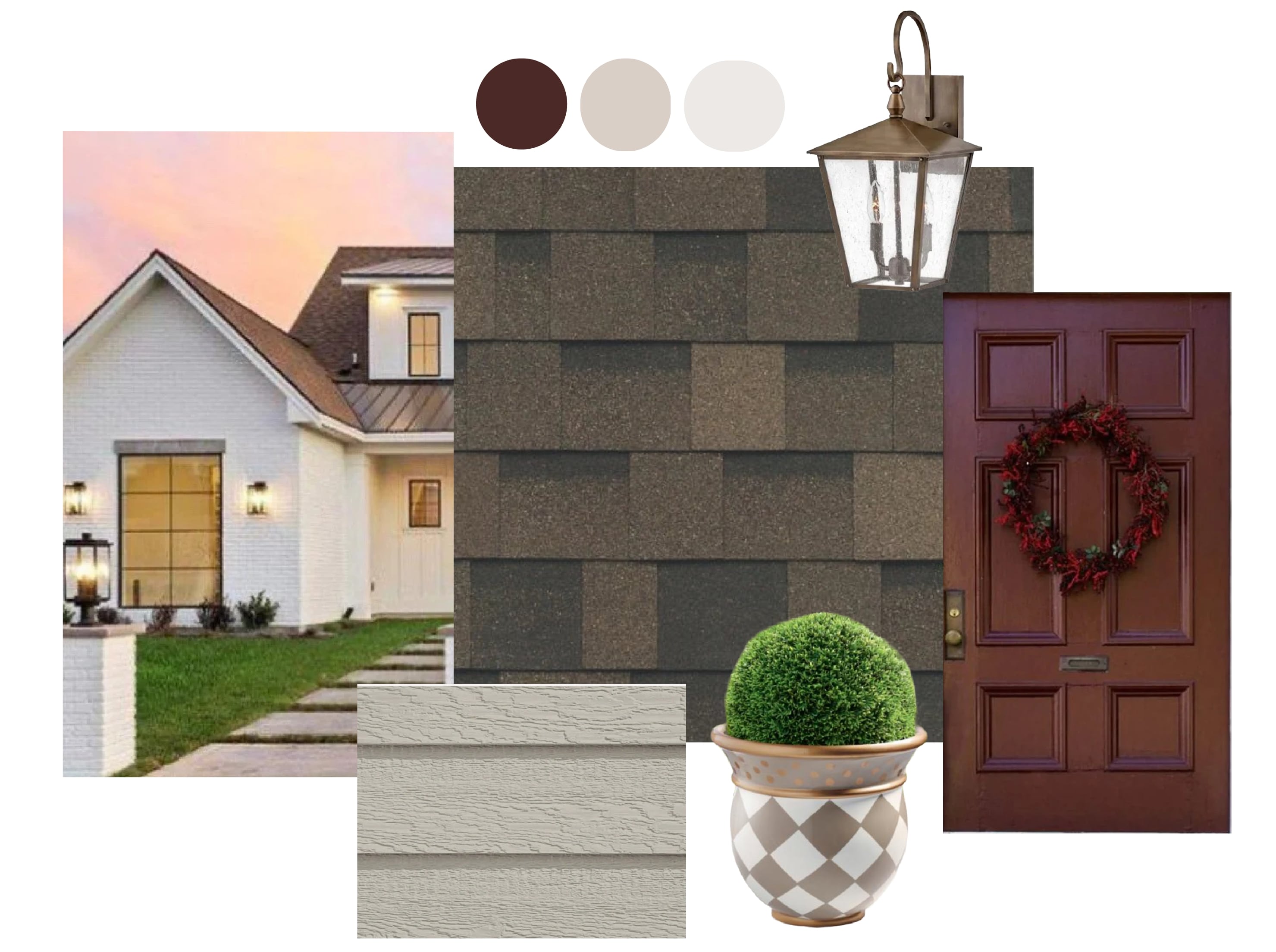 Tablero de estilo con tejas marrones, una casa blanca al atardecer, un farol, una puerta principal roja y una paleta de colores neutros