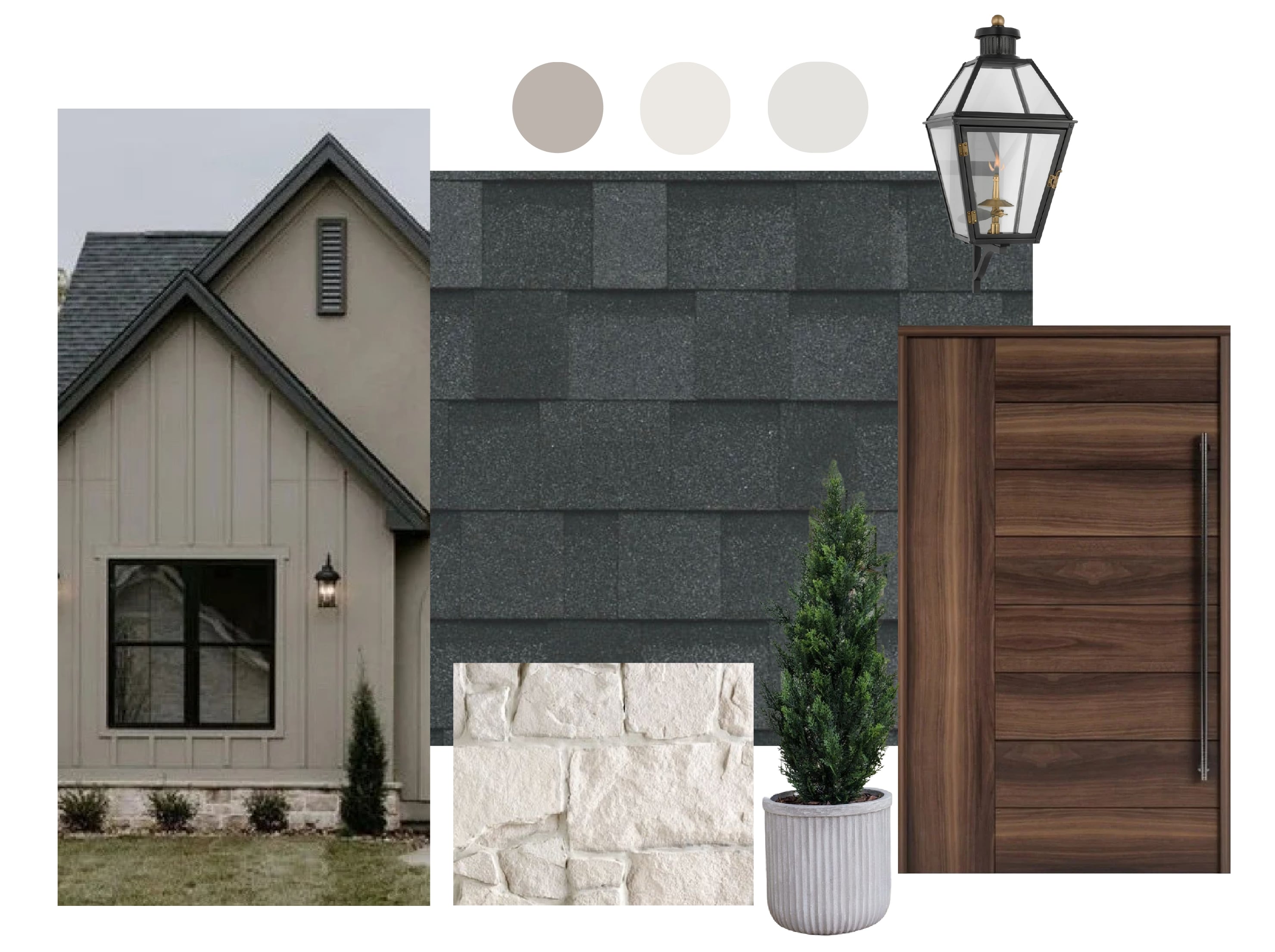 Tablero de estilo con tejas gris oscuro Granite Black, una casa gris, piedra blanca, una puerta de nogal y un farol