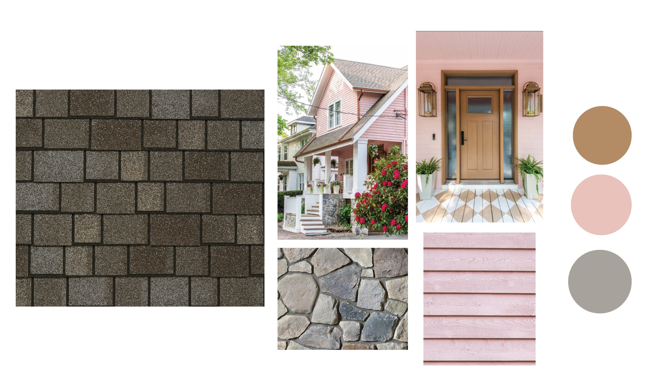 Style board with Harvest Slate shingles, a pink house, a wood front door, stone and blush pink accents