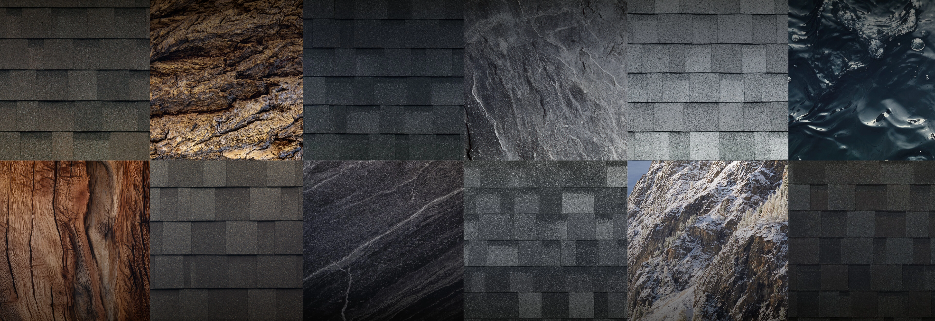 Collage de différentes textures naturelles, comprenant le grain du bois, la pierre d’ardoise, des montagnes enneigées et des vagues océaniques, combinées à des images de bardeaux de toiture dans des tons de gris clair, multiton et brun foncé.
