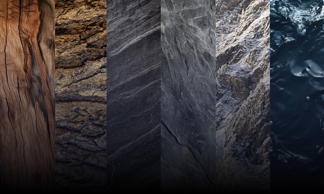 A collage of different natural textures including wood grain, slate stone, snowy mountains and oceans waves.