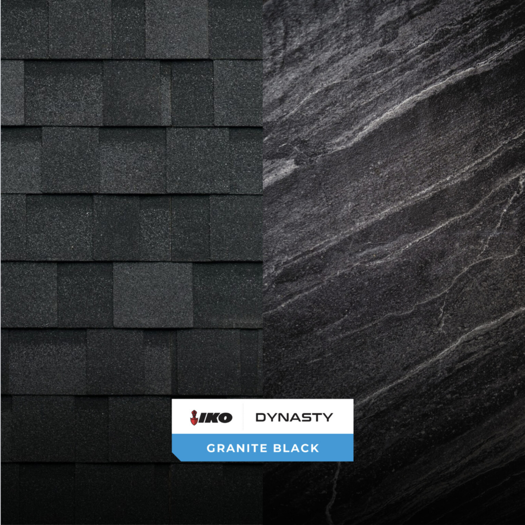 &Eacute;chantillon de couleur de bardeau d&rsquo;asphalte Noir granite Dynasty(MD) de IKO associ&eacute; &agrave; une texture inspir&eacute;e de la pierre naturelle.